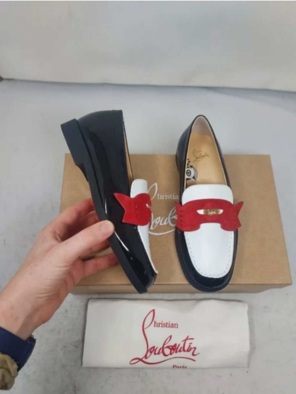 Christian Louboutin Boys Black White Red Penny Loafer